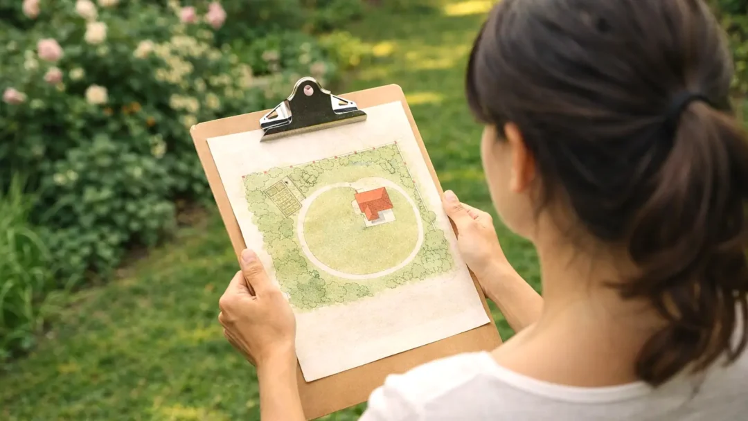 Femme dans un jardin tenant un dessin paysager
