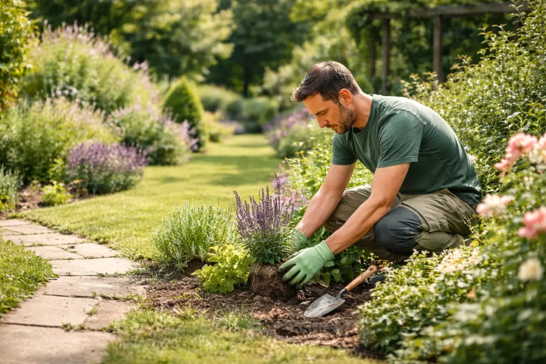Paysagiste aménageant un jardin